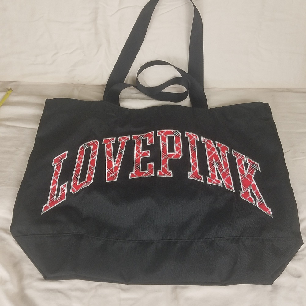 Victoria's Secret PINK Tote Bag‎ Womens OS Black NWOT Plaid Logo Zip Canvas